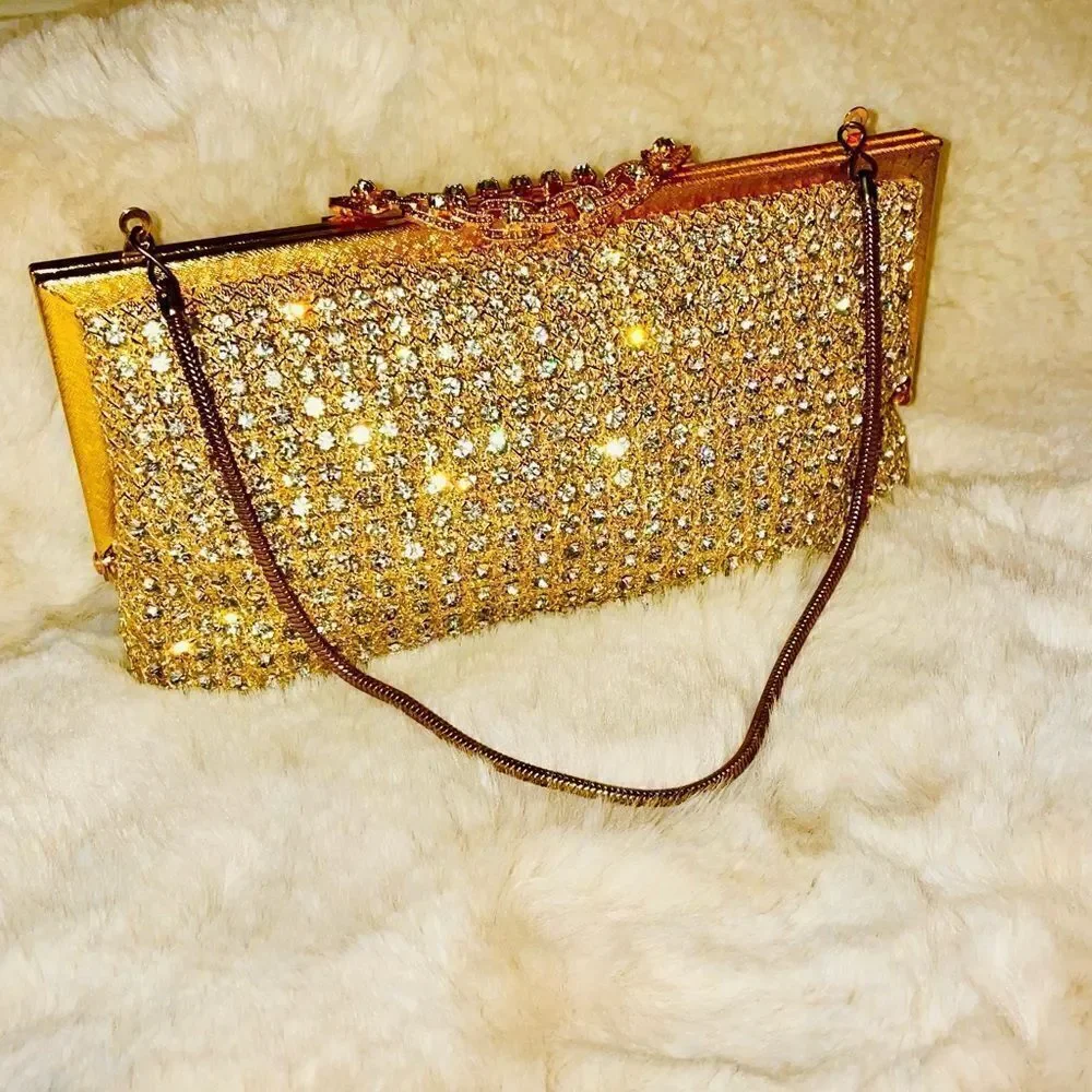 ♥️ Vintage Rhinestone Gold Women's Clutch Purse 60s Hong Kong